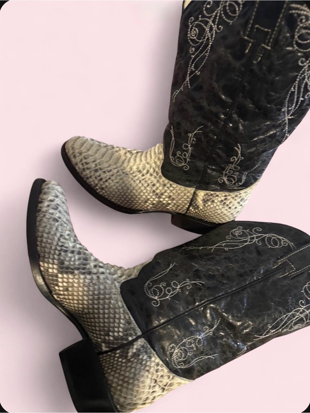 J.B. Dillon Black and Cream Snakeskin-Effect Western Boots
